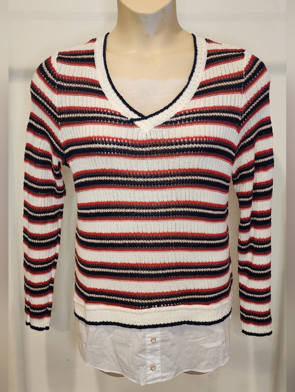 Democracy Striped V-Neck Sweater in White, Red & Navy